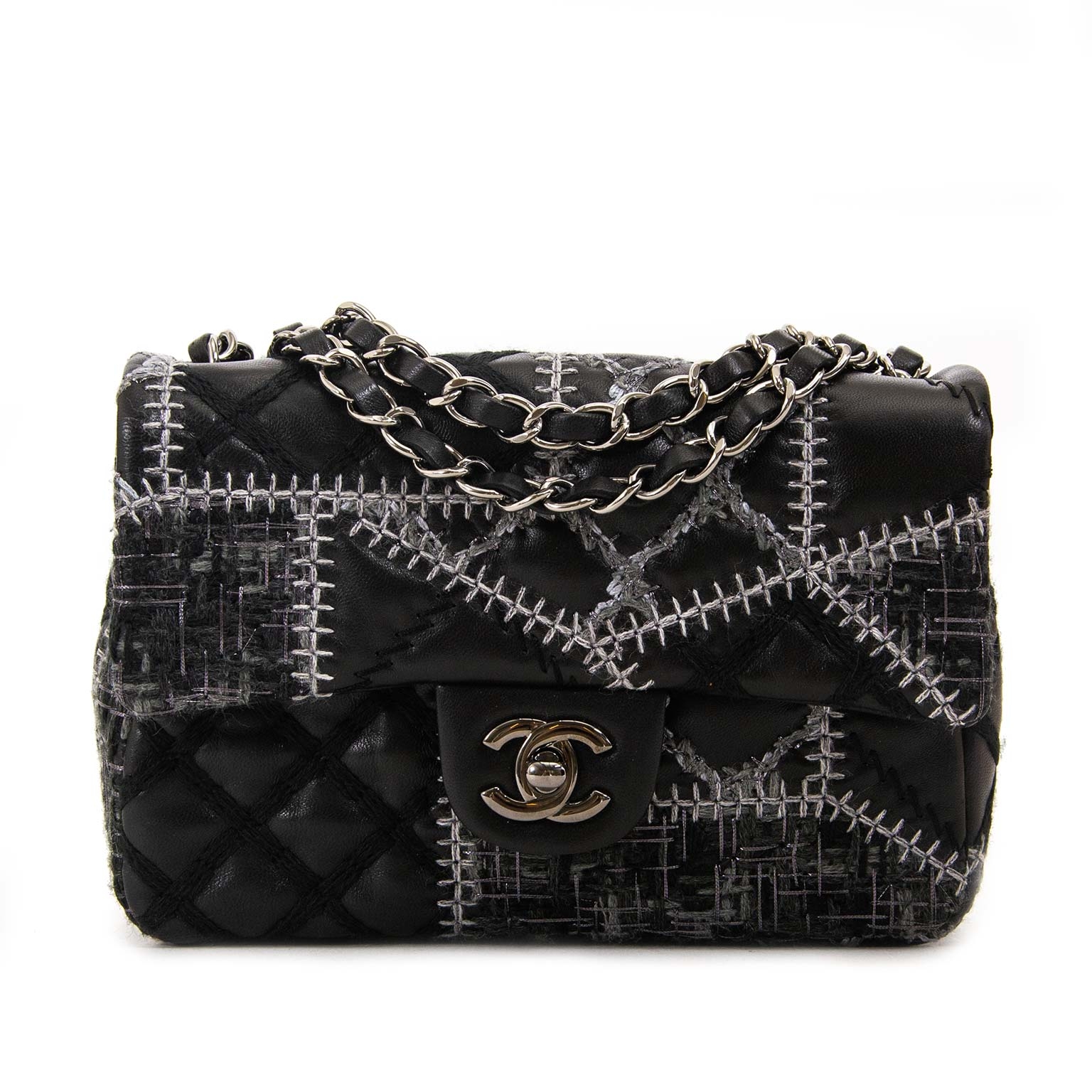 Chanel Quilted Tweed/Leather Patchwork Stitch Mini Flap Bag