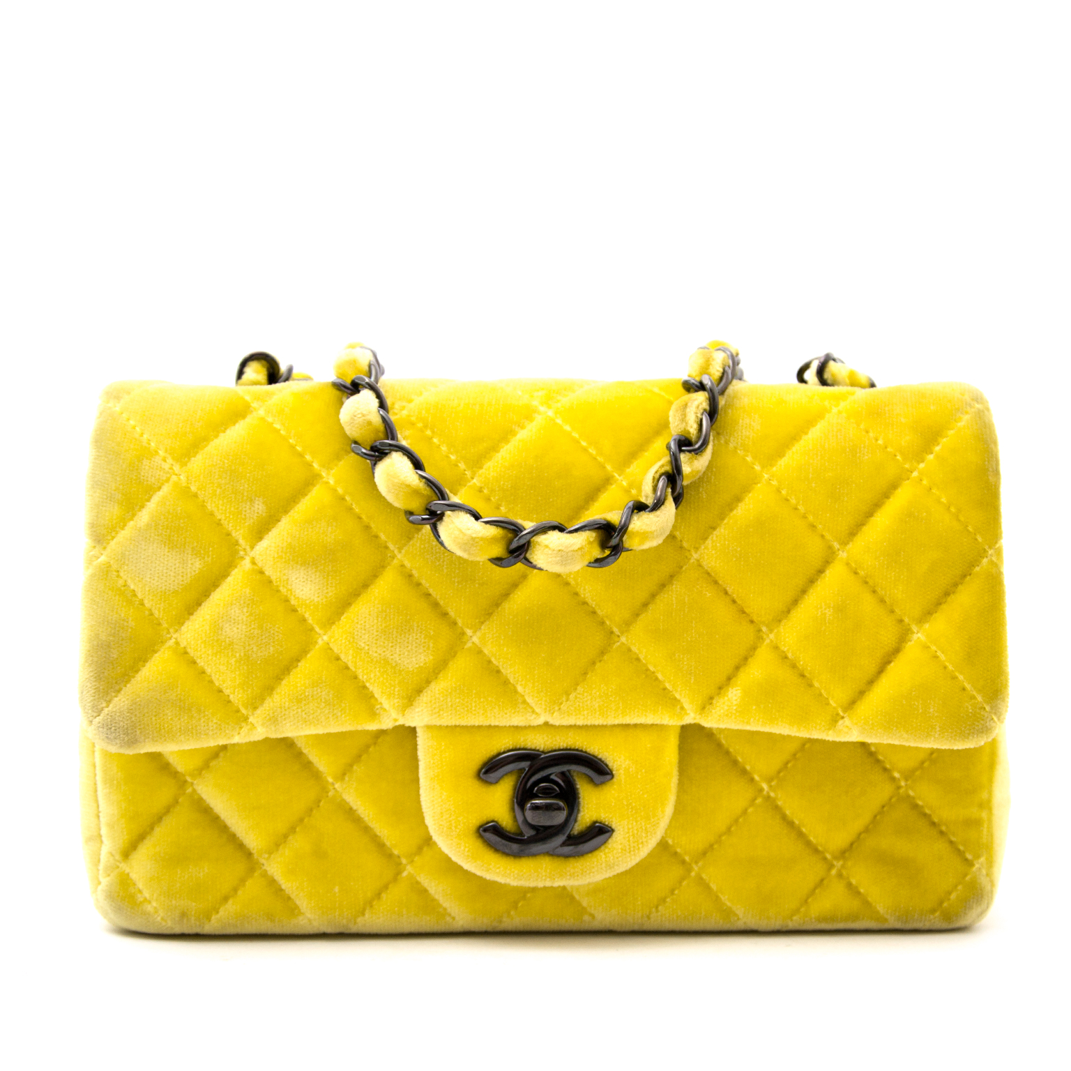 Yellow Quilted Satin Vintage Mini Flap Bag