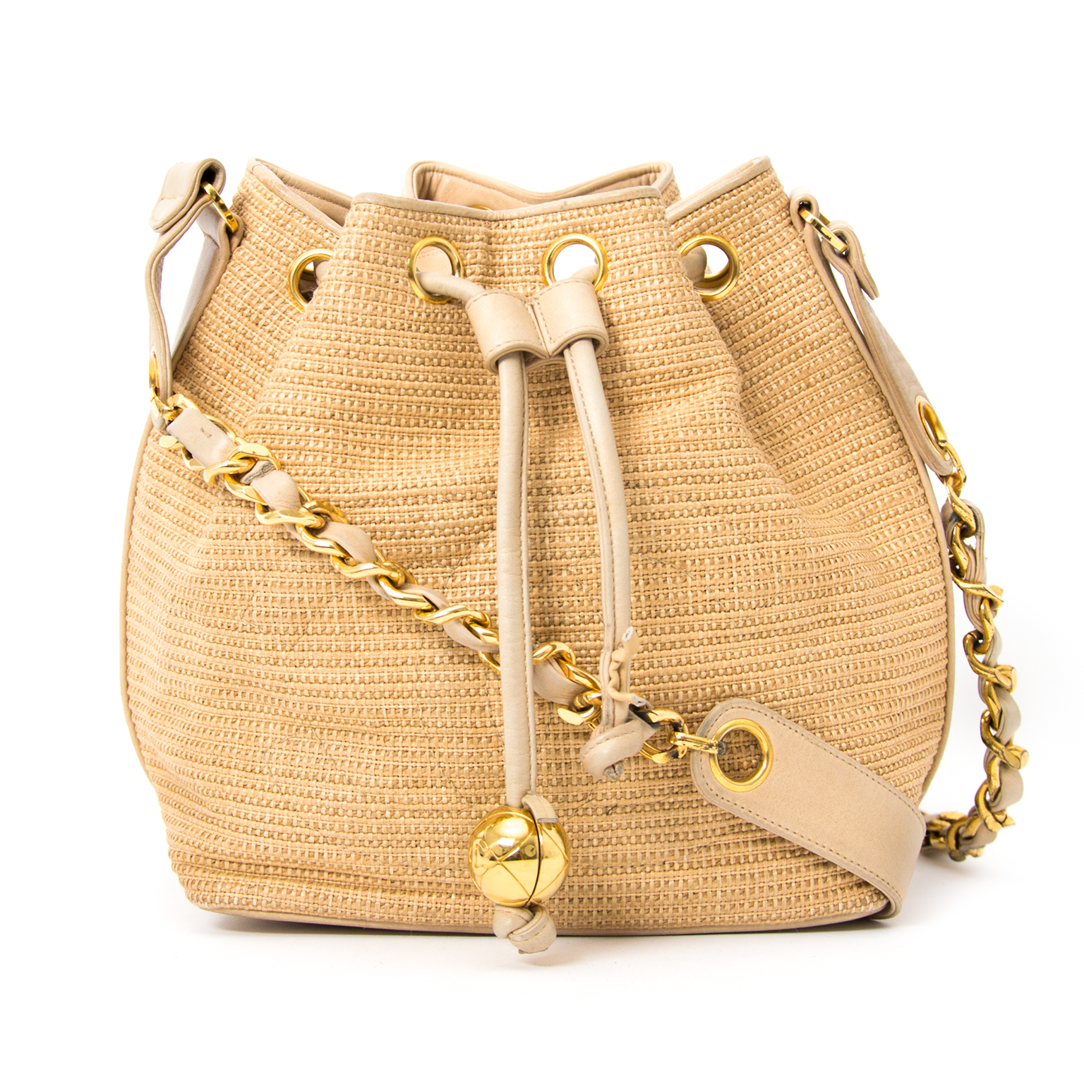 Chanel Vintage Raffia & Beige Leather Bucket Bag ○ Labellov