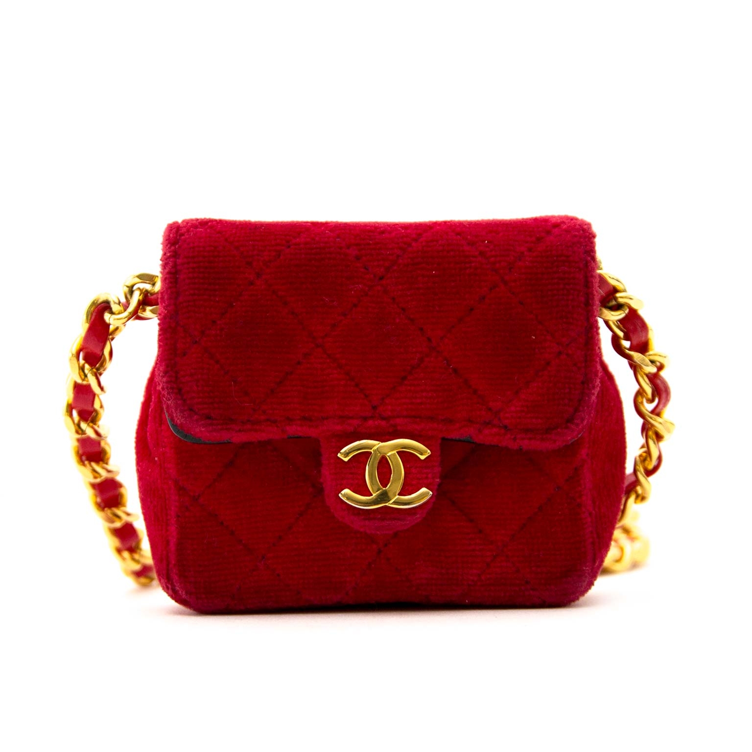 Chanel Micro Nano Red Quilted Velvet Mini Classic Flap Chain Bag 363ccs225