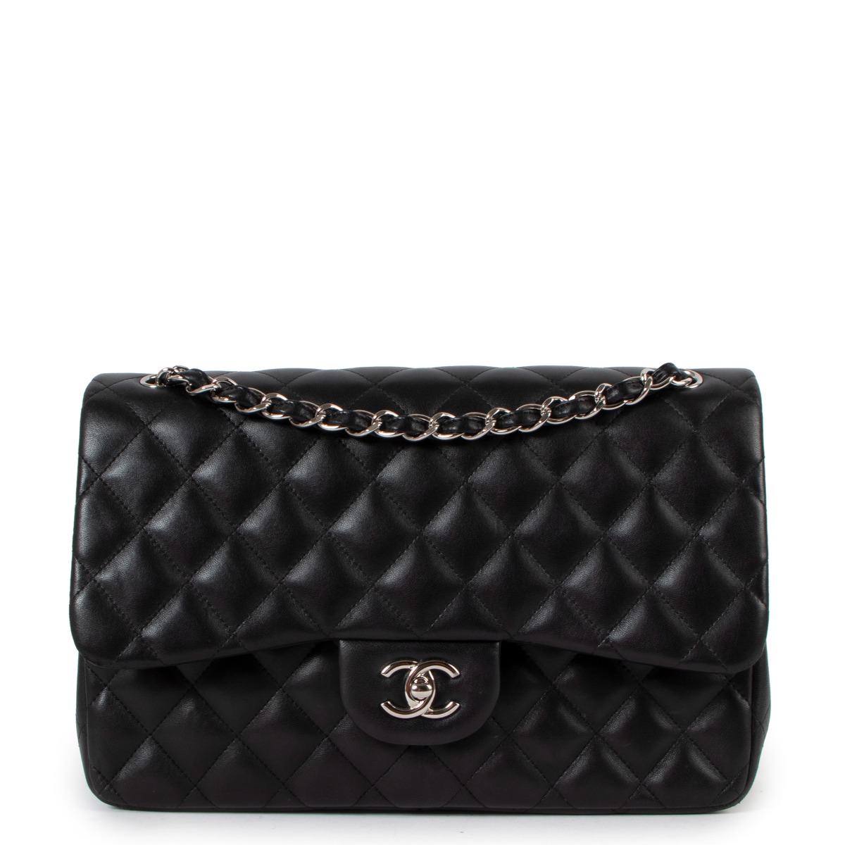 CHANEL Double Flap Jumbo Bag Black Lambskin with Silver Hardware 2012 at  1stDibs  chanel lambskin jumbo, chanel lambskin silver hardware, chanel  double flap silver hardware