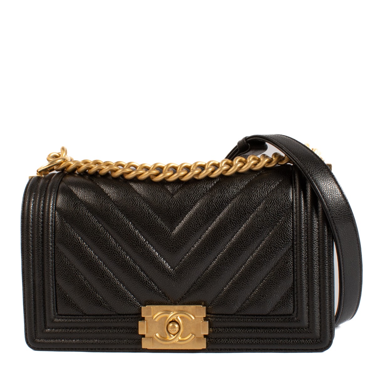 Chanel Black Shiny Caviar Calfskin Chevron Medium Boy Bag