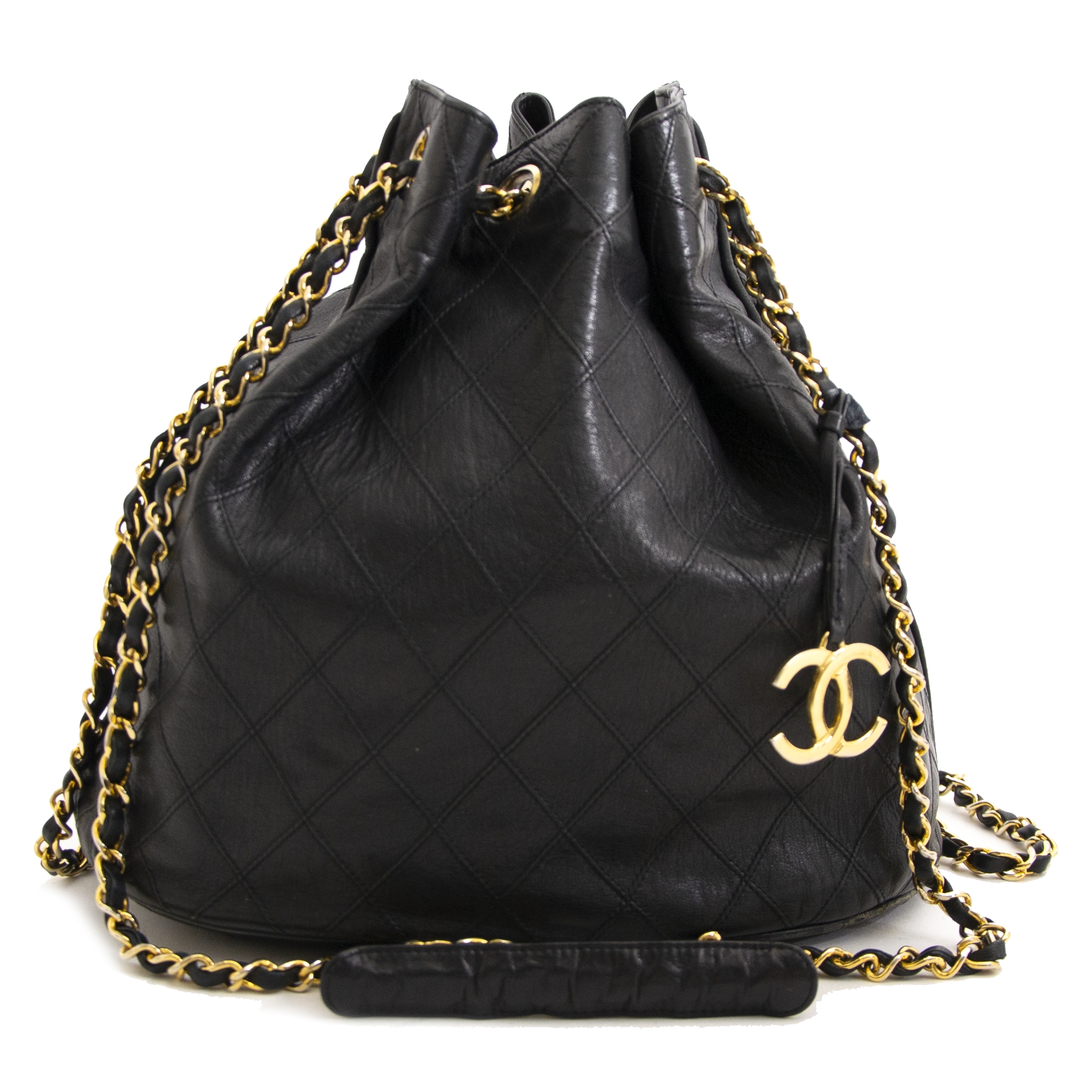 Chanel black bucket bag with logo on the front and gold detail - 1980s second  hand Lysis