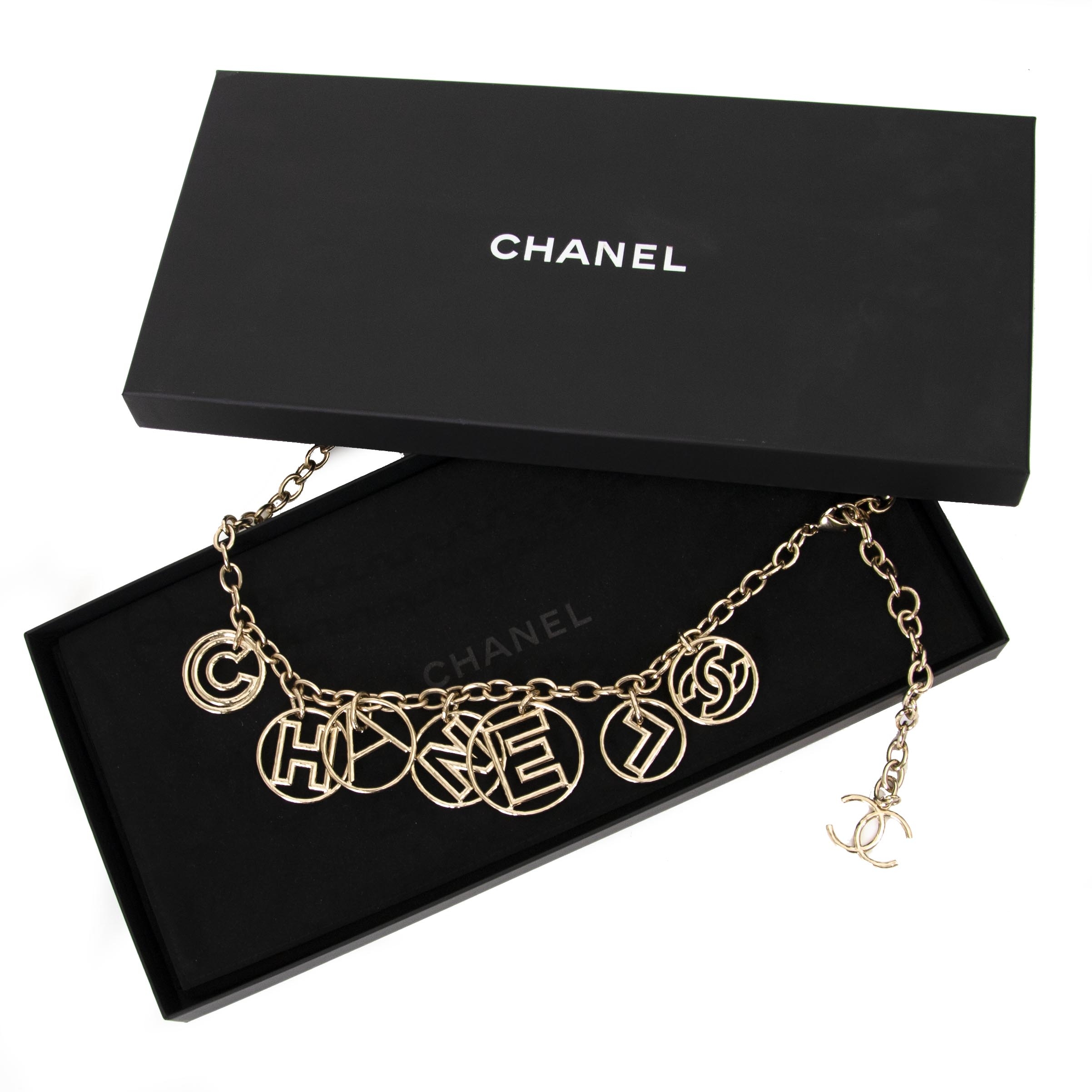 CHANEL Vintage CC Logo Medallion Gold Tone Belt  Necklace WBox  Chelsea  Vintage Couture