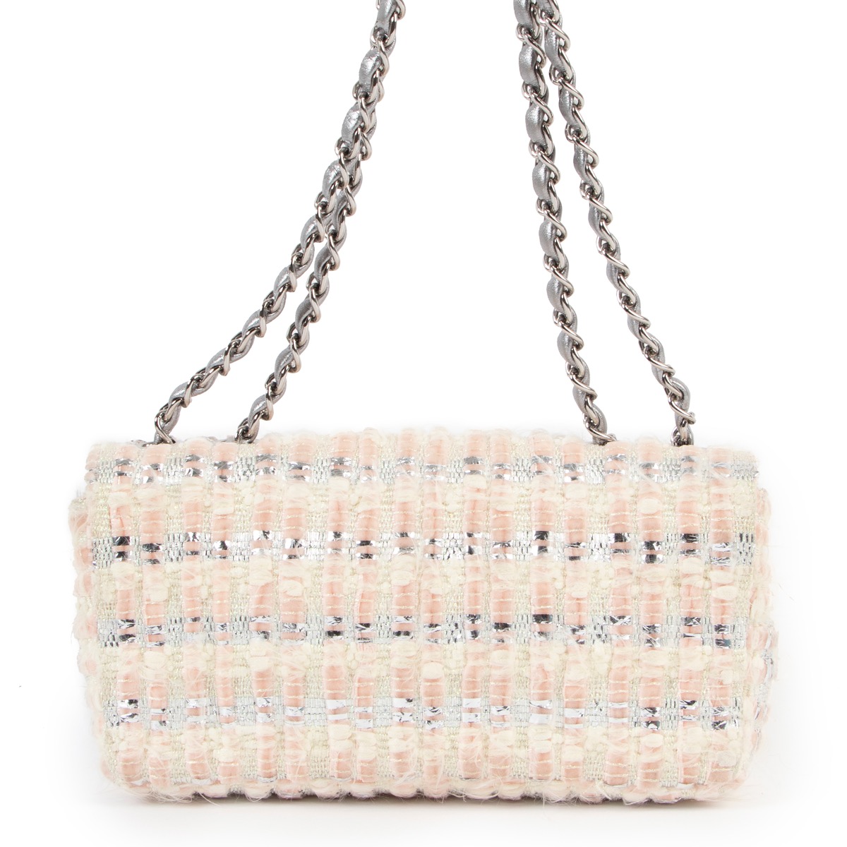 Chanel Silver White Tweed Mini Flap Bag ○ Labellov ○ Buy