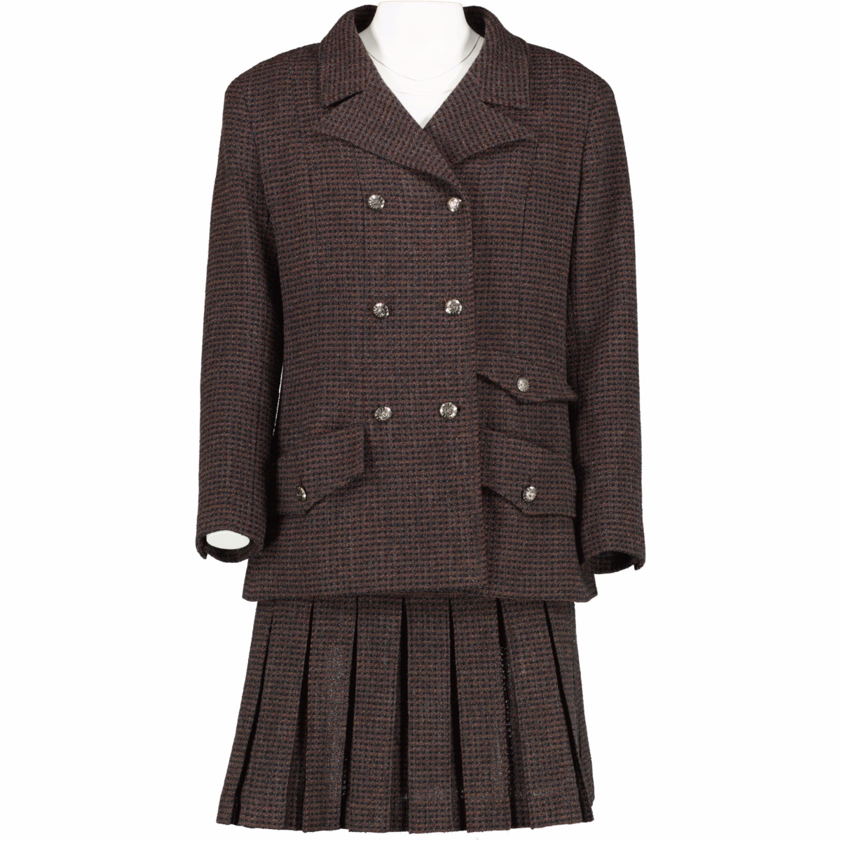Chanel Fall 1997 Brown /Grey Wool Tweed Jacket Skirt Set - Size