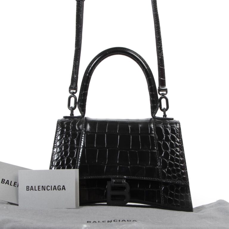 Balenciaga Black Croco Hourglass Small Top Handle Bag Labellov