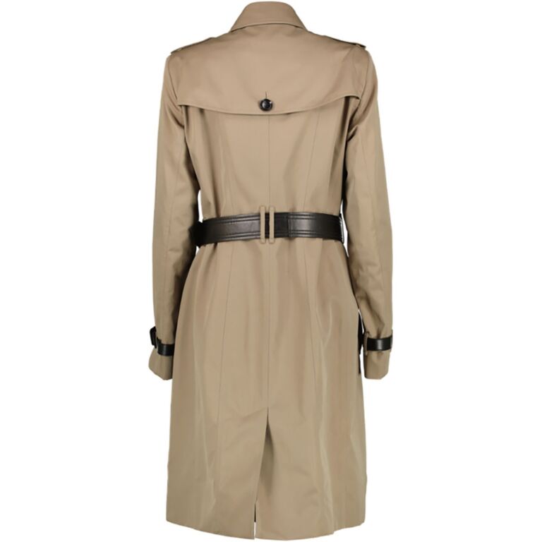Burberry London Leather Trim Beige Long Trench Coat ○ Labellov