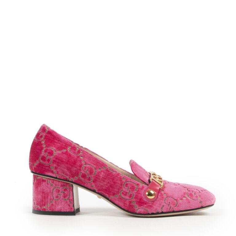 Gucci Sylvie GG Mid Heel Velvet Pink Pumps size 39 Labellov