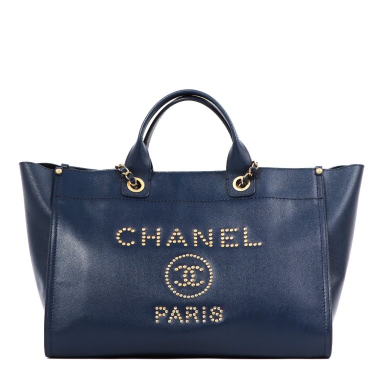 Chanel Deauville Studded Caviar Tote Shoulder Bag Blue