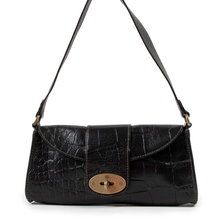 Baguette bag in black croco-like leather