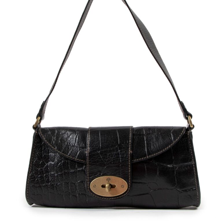 Mulberry Black Crocodile Embossed Leather Baguette Bag Labellov