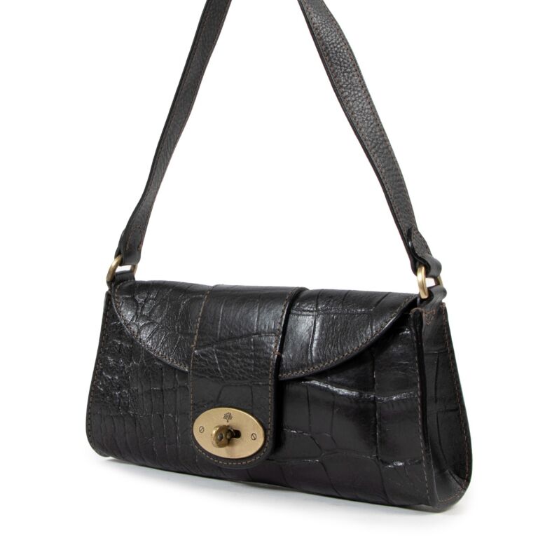 Mulberry Black Crocodile Embossed Leather Baguette Bag Labellov