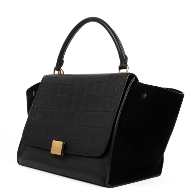 Celine Black Crocodile Embossed Medium Trapeze Bag Labellov
