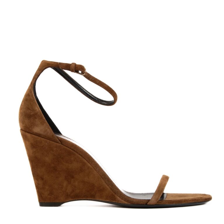 Saint Laurent Camel Suede Lila 85 Wedge Sandals Size 38 1 2