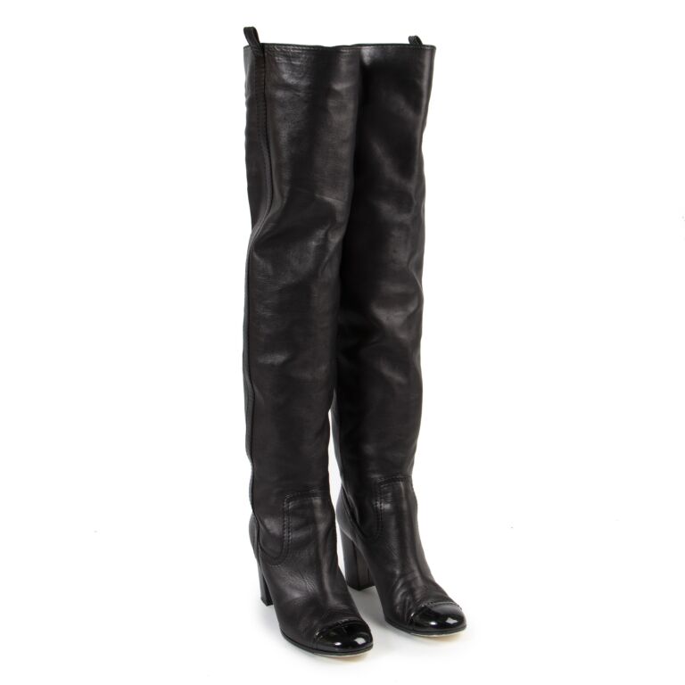 Chanel Black Leather Cap Toe Knee Boots Size 40 Labellov