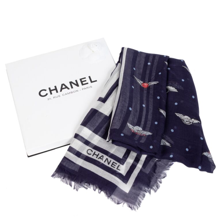 Chanel Blue Polka Dot Airlines Logo Mondal Scarf ○ Labellov