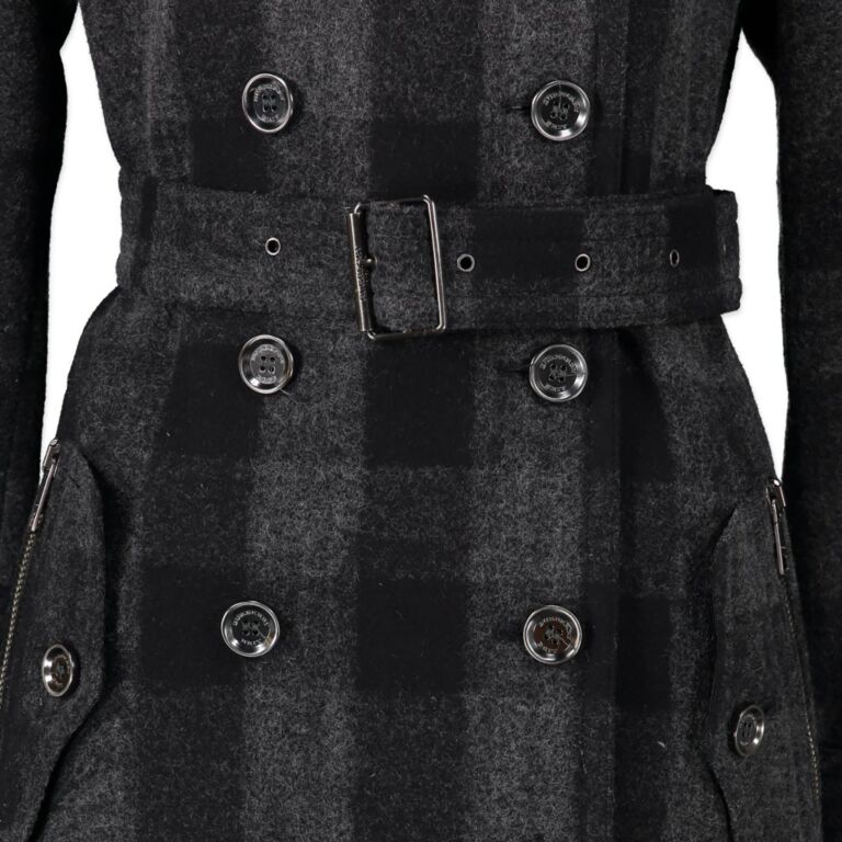 Burberry Brit Grey Check Cotton Wool Bentham Belted Coat Size 38