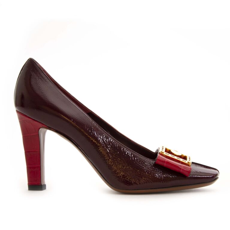 Louis Vuitton Burgundy Patent Leather Gold Flower Heels - Size 36