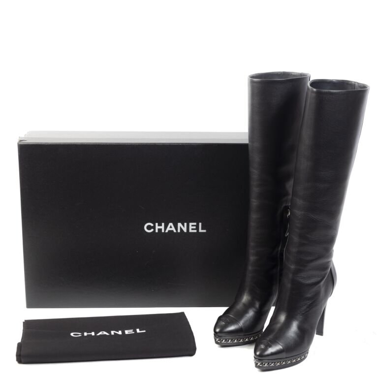 Chanel Chain Platform Black Leather Boots - Size 38,5 ○ Labellov