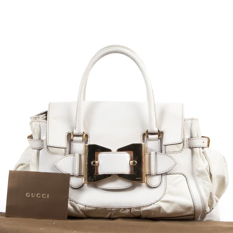 Gucci White Leather Queen Large Bow Buckle Boston Bag Labellov Buy and Sell Authentic Luxury