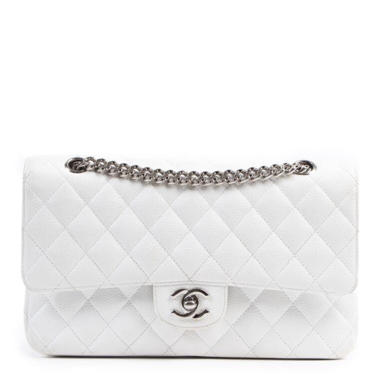 Chanel White Medium Classic Flap in Caviar with Silver Hardware