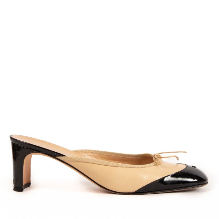 Chanel Beige And Black Patent Cap Toe Mules size 40 1 2