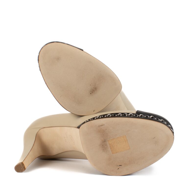 Chanel Beige And Black Patent Cap Toe Mules - size 40 1/2