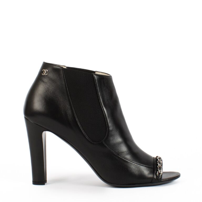 Chanel Black Chain Peep Toe Leather Boots Size 41 1 2 Labellov Buy and Sell Authentic Luxury