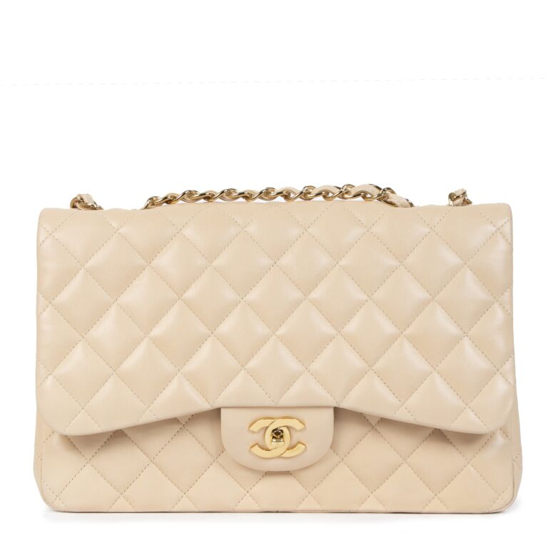 Chanel Beige Quilted Lambskin Single-Flap Jumbo Handbag at 1stDibs