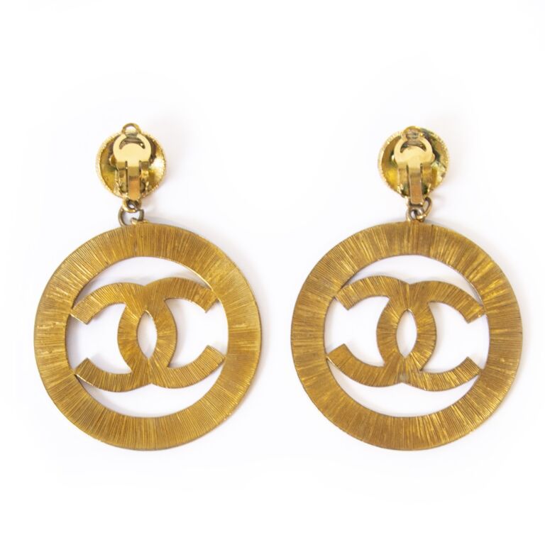Vintage Chanel Earrings CC Logo 1980s Clip Authentic Designer Gold Cream
