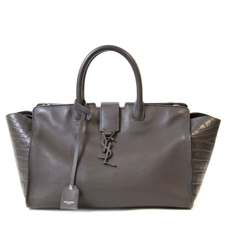 Saint Laurent Small Monogram Downtown Cabas Leather Tote Bag in Brown