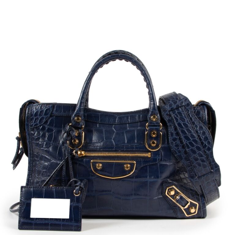 Balenciaga Small City Croc-embossed Leather Satchel in Blue