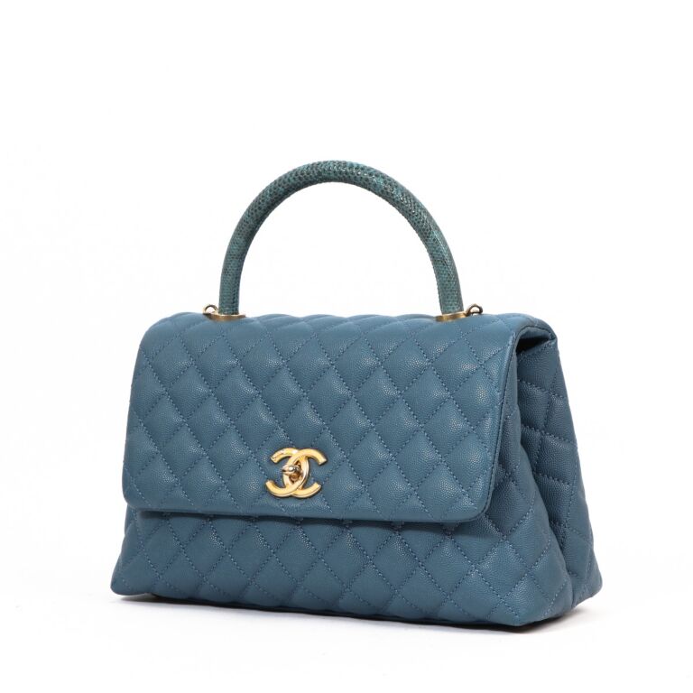 Chanel Teal Caviar Leather Lizard Coco Handle Bag Labellov