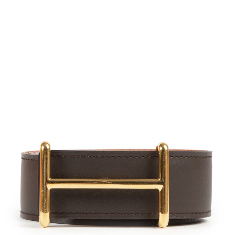 Herm s Brown Orange H d Ancre Reversible Belt Size 90