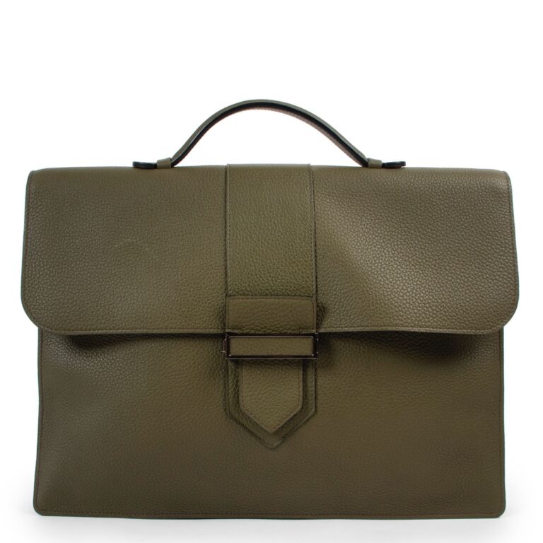 Delvaux Kaki Green Taurillon Cartable Presse Briefcase Labellov