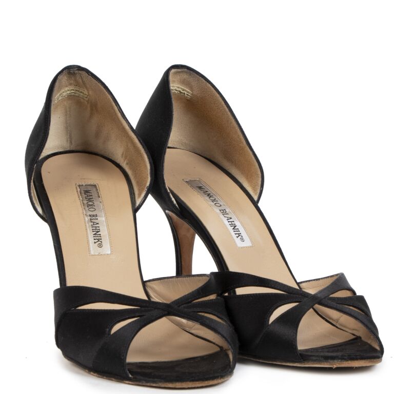 Manolo Blahnik Butterflop Black Satin Peep Toe Heels Size 39