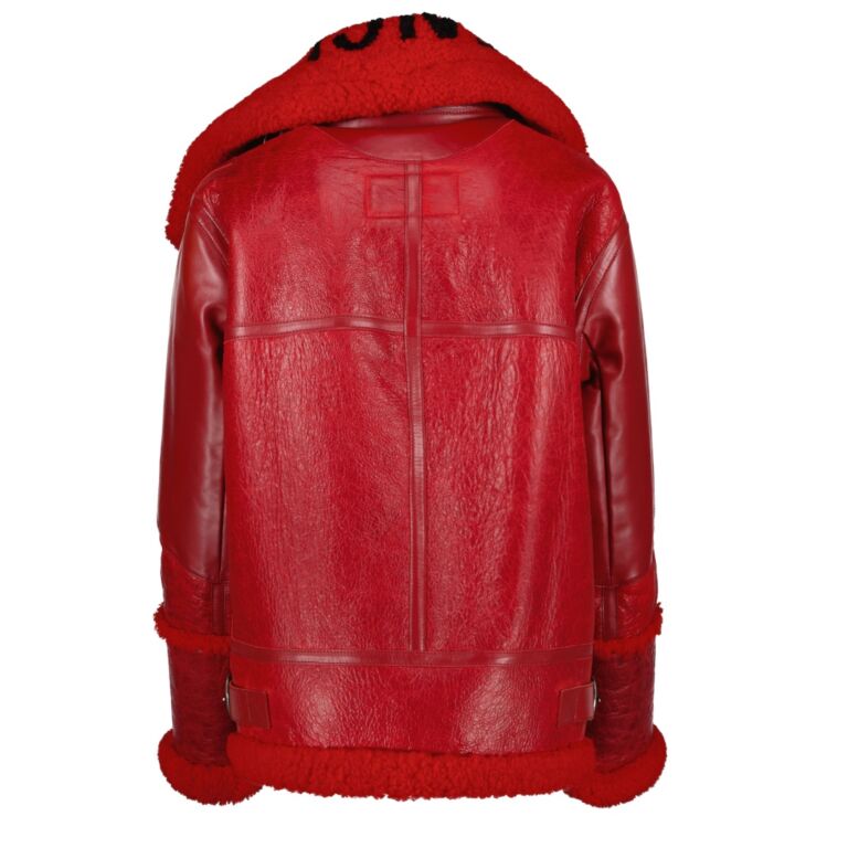 Balenciaga Red Leather Bombardier Oversized Shearling Jacket
