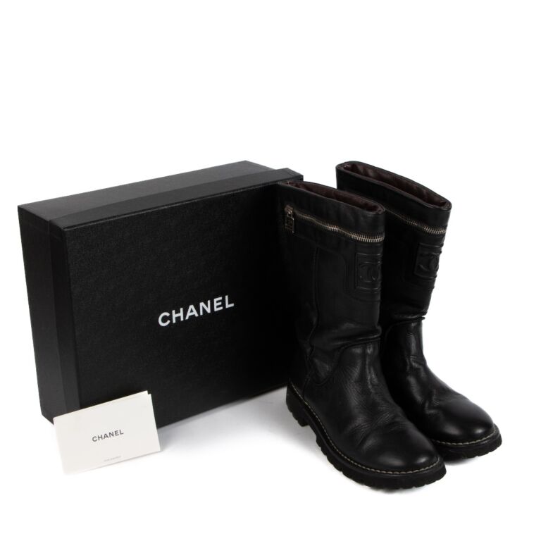 Chanel Black Leather CC Zipper Biker Boots Size 37 Labellov