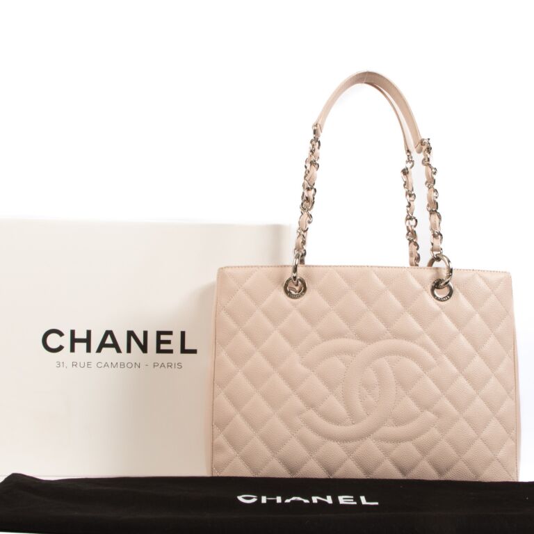 Chanel Beige Clair Quilted Caviar Leather Grand Shopping Tote Bag