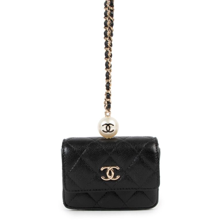 100%AUTH CHANEL Black Caviar Leather Classic Mini Wallet On Chain