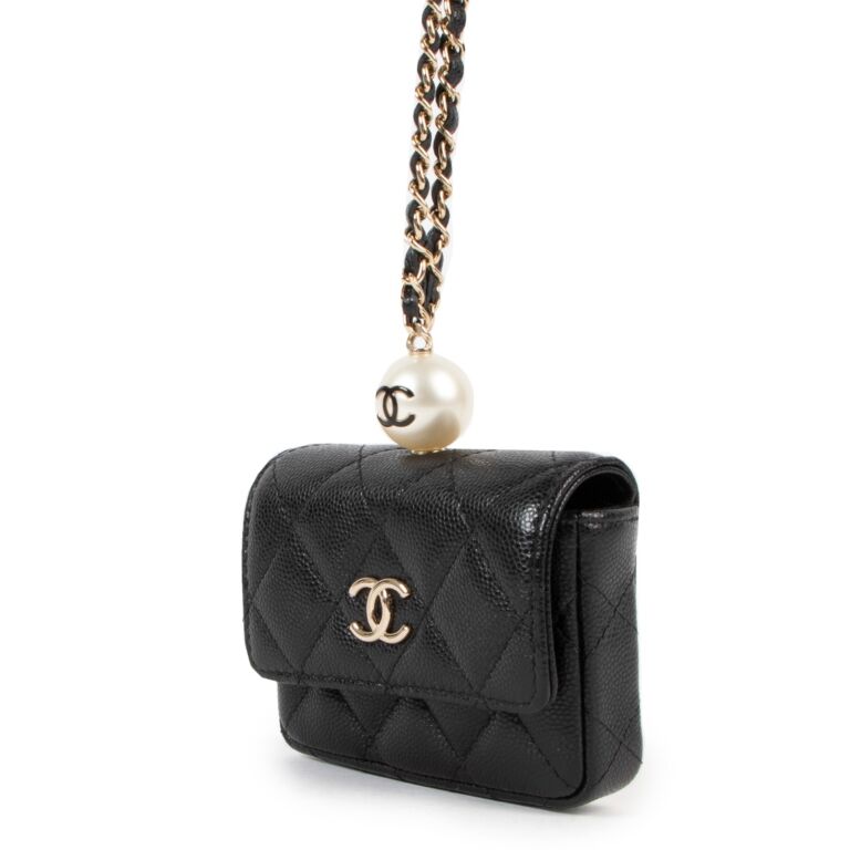 Chanel Black Caviar Faux Pearl Card Holder/Coin Purse With Chain