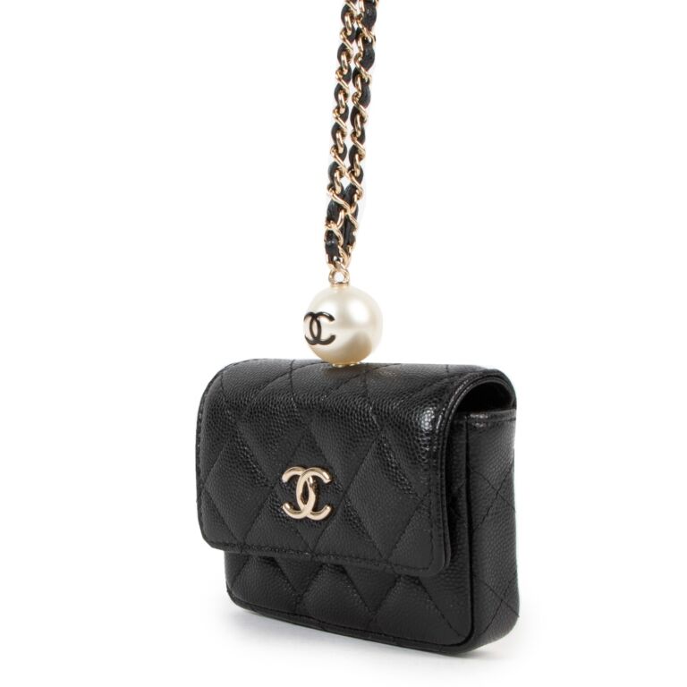 Chanel Black Caviar Faux Pearl Card Holder Coin Purse With Chain