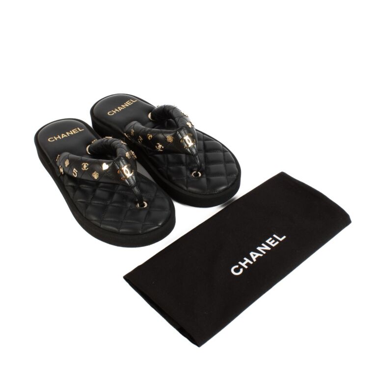 Chanel 23P Black Quilted Charms Thong Sandals Size 38 Labellov Buy and Sell Authentic Luxury