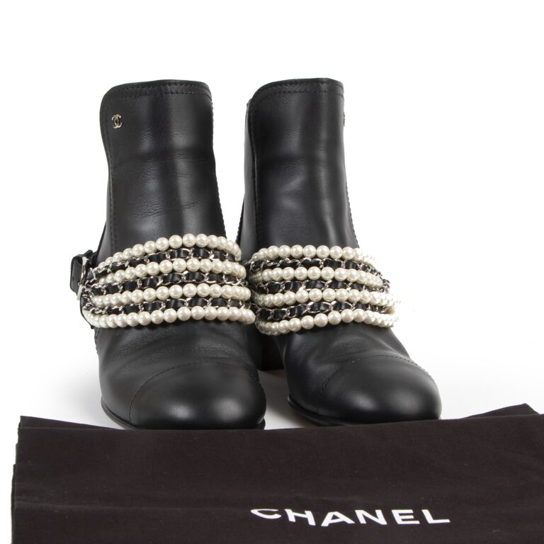 Chanel Ankle Boots Beige and Black With Pearl Details 38.5 FR at 1stDibs