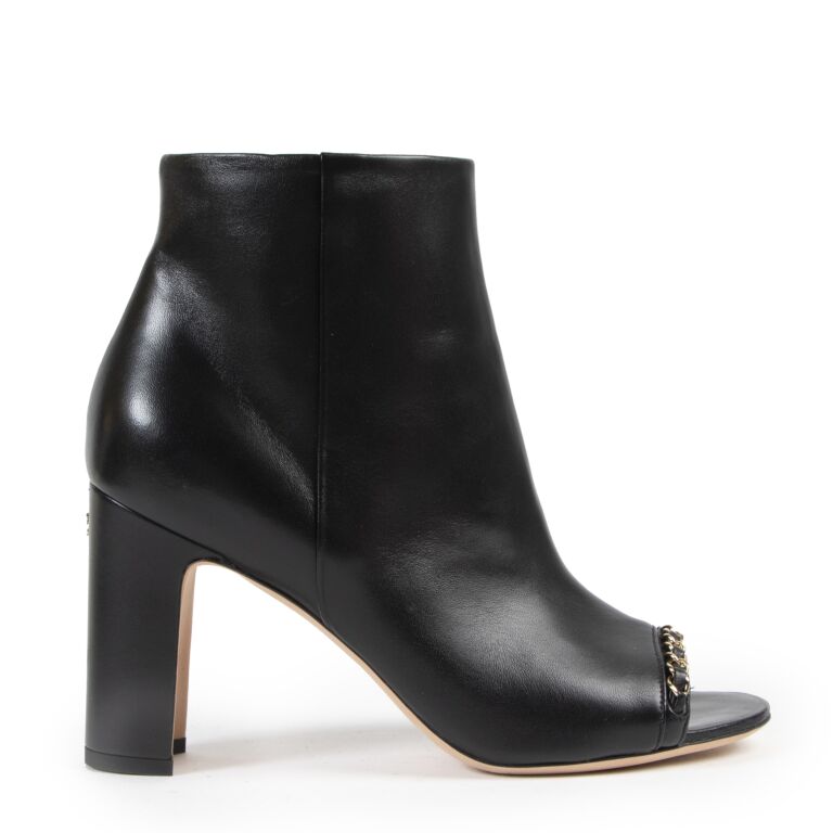 Chanel Black Leather Chain Link Trim Peep Toe Ankle Boots Size