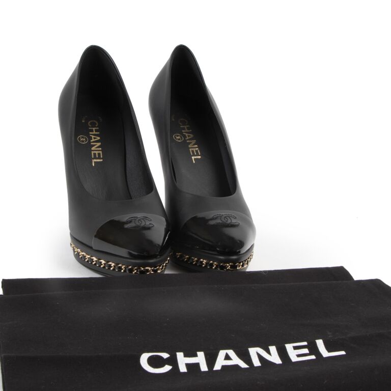 Chanel Black Leather Chain Trim Square Toe CC Block Heel Pumps Size 38  Chanel