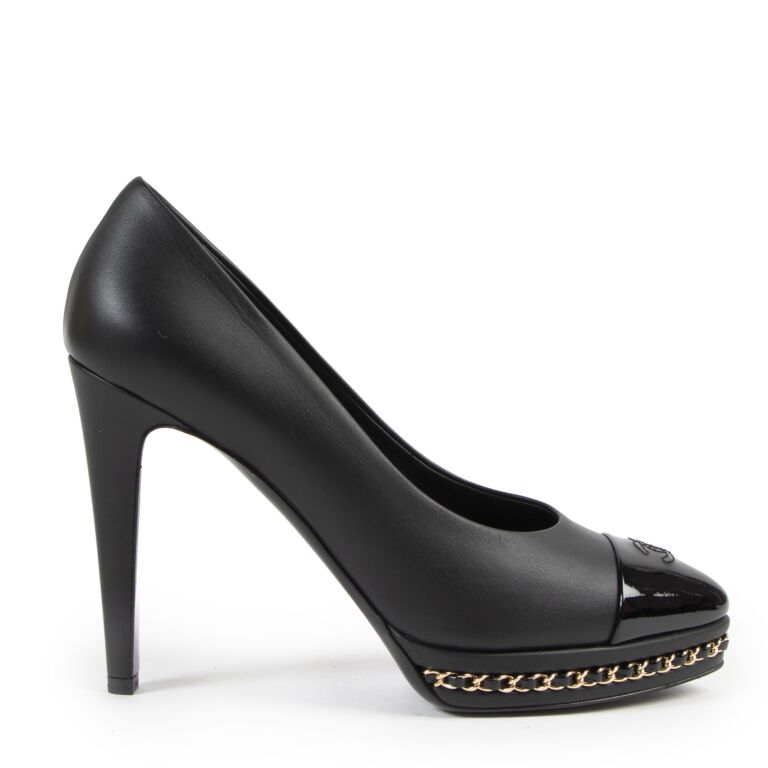 Chanel Black Leather CC Cap Toe Chain Detail Platform Pumps Size