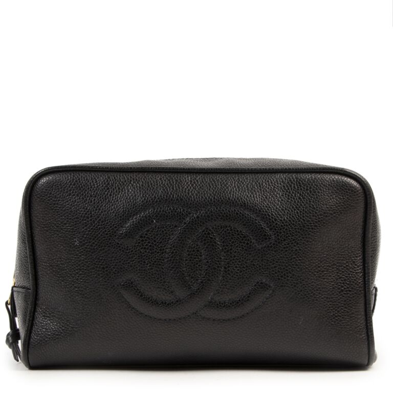 Chanel Vanity Cosmetic Pouch Caviar Skin Black Cc Auth Bs2949A