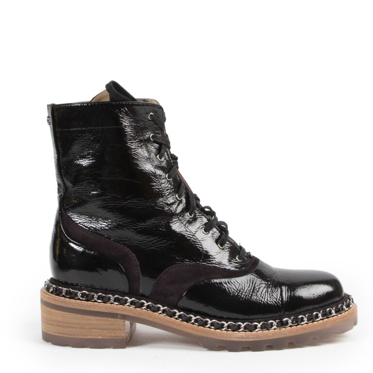 Chanel patent leather top boots